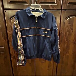 Vintage Stylish Navy Bomber Jacket with Vibrant Sleeve Design